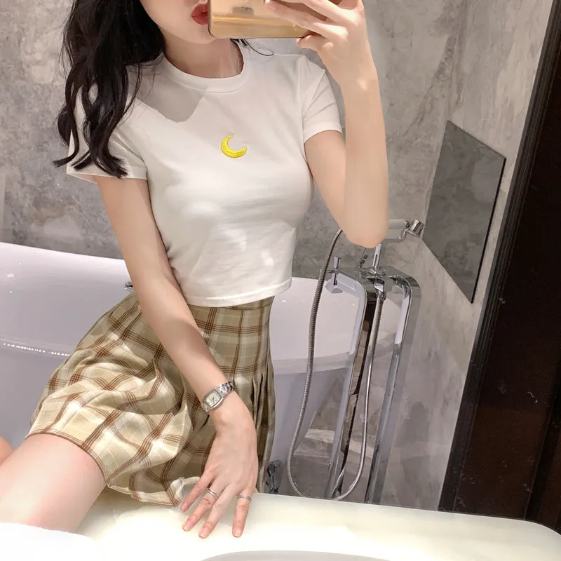 [ @peachgore._ ] “EMBROIDERED T-SHIRT   PLAID PLEATED SKIRT” TWO-PIECE W110803