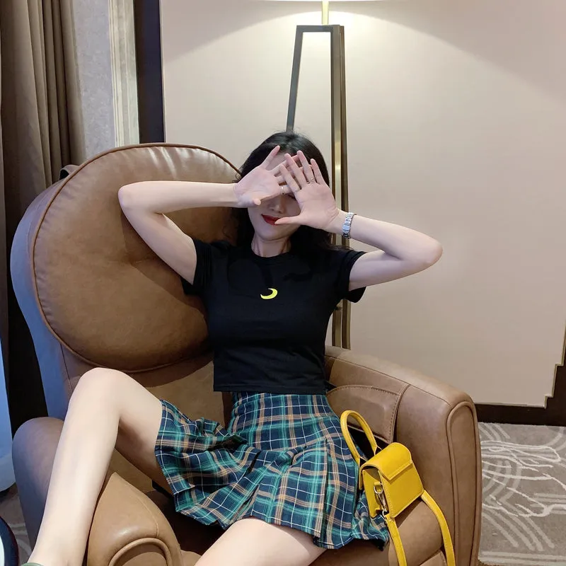[ @peachgore._ ] “EMBROIDERED T-SHIRT   PLAID PLEATED SKIRT” TWO-PIECE W110803