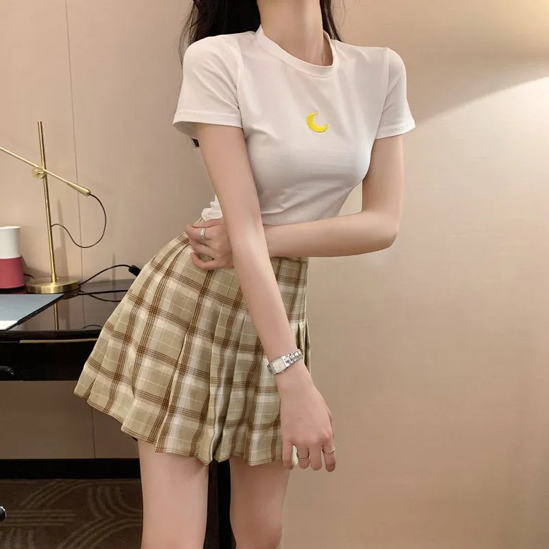 [ @peachgore._ ] “EMBROIDERED T-SHIRT   PLAID PLEATED SKIRT” TWO-PIECE W110803