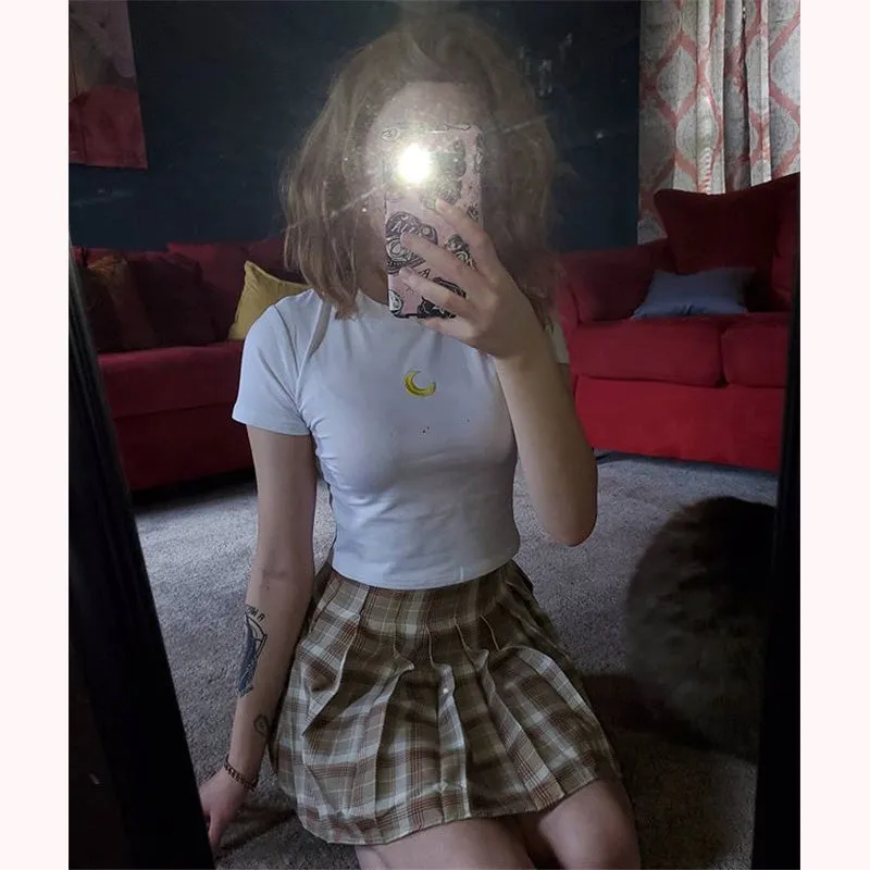 [ @peachgore._ ] “EMBROIDERED T-SHIRT   PLAID PLEATED SKIRT” TWO-PIECE W110803