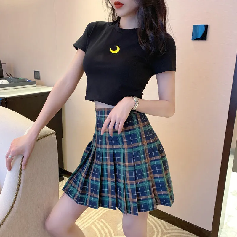 [ @peachgore._ ] “EMBROIDERED T-SHIRT   PLAID PLEATED SKIRT” TWO-PIECE W110803