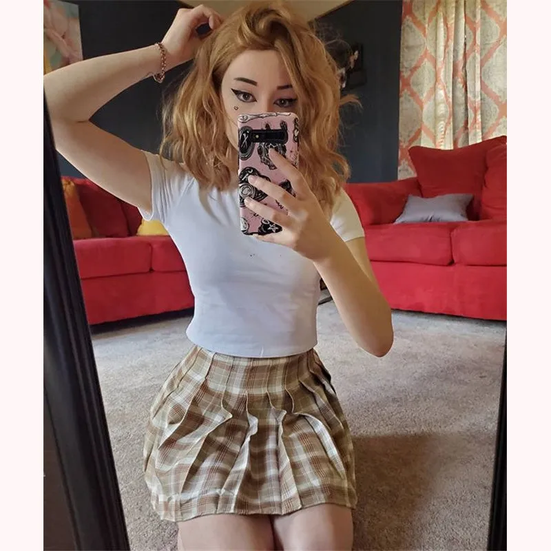 [ @peachgore._ ] “EMBROIDERED T-SHIRT   PLAID PLEATED SKIRT” TWO-PIECE W110803