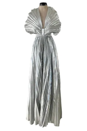 1970s Roland Klein Metallic Silver Lame Pleated Fan Dress w Open Bare Back