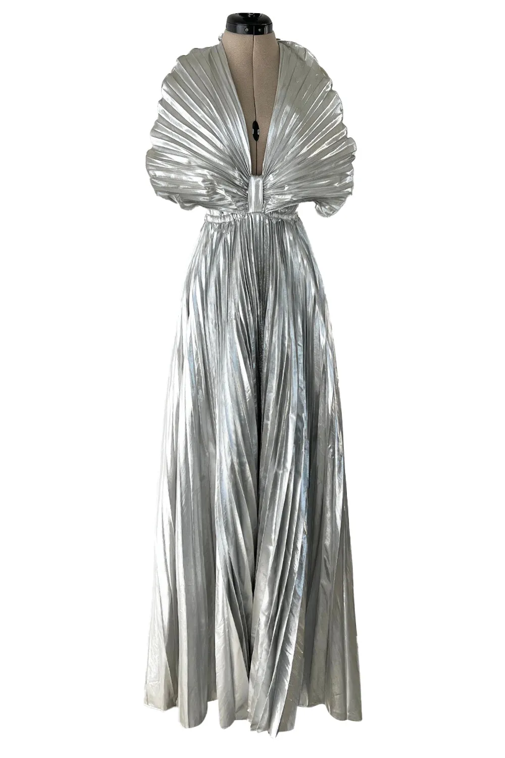 1970s Roland Klein Metallic Silver Lame Pleated Fan Dress w Open Bare Back