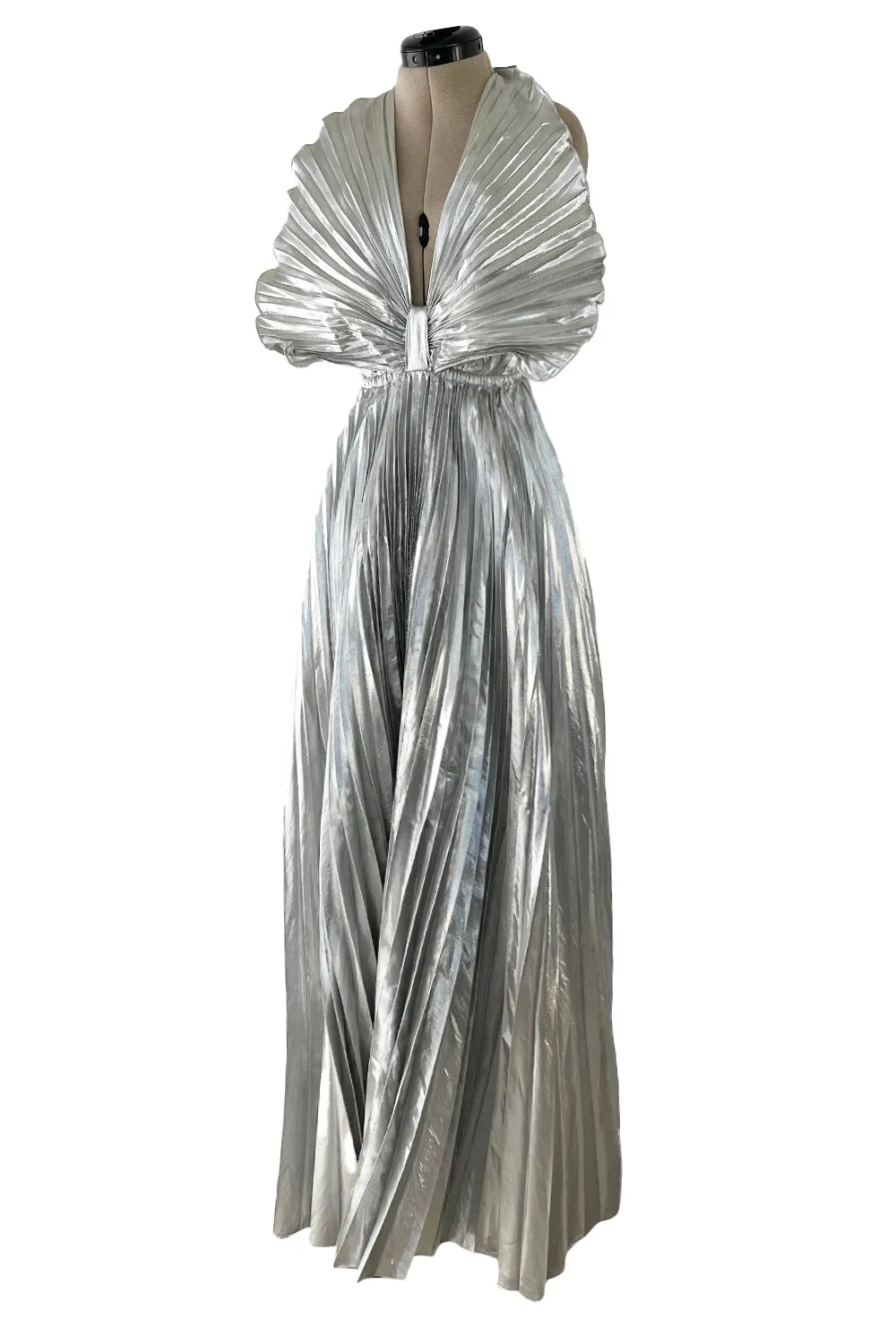 1970s Roland Klein Metallic Silver Lame Pleated Fan Dress w Open Bare Back