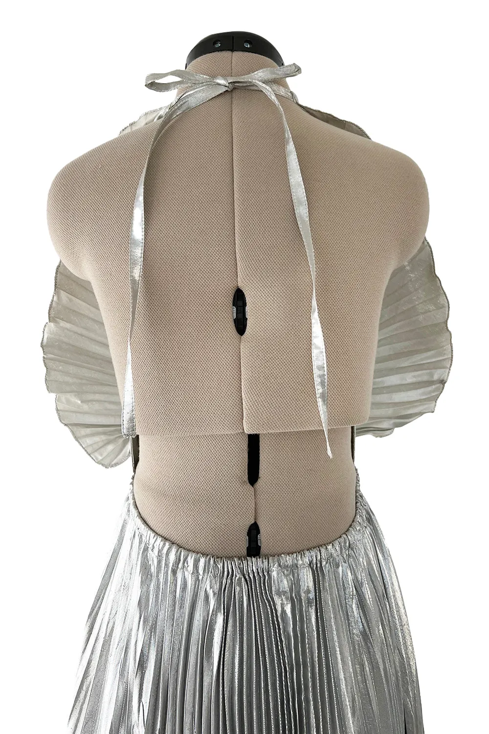 1970s Roland Klein Metallic Silver Lame Pleated Fan Dress w Open Bare Back
