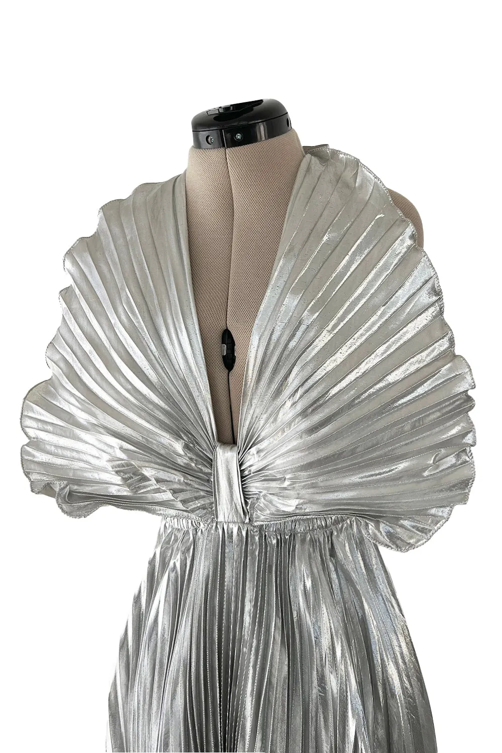 1970s Roland Klein Metallic Silver Lame Pleated Fan Dress w Open Bare Back