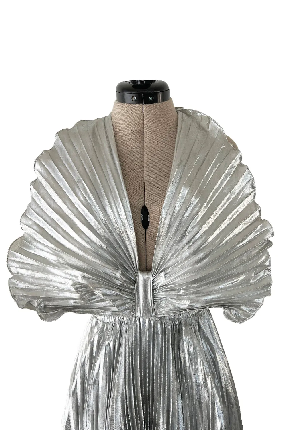 1970s Roland Klein Metallic Silver Lame Pleated Fan Dress w Open Bare Back