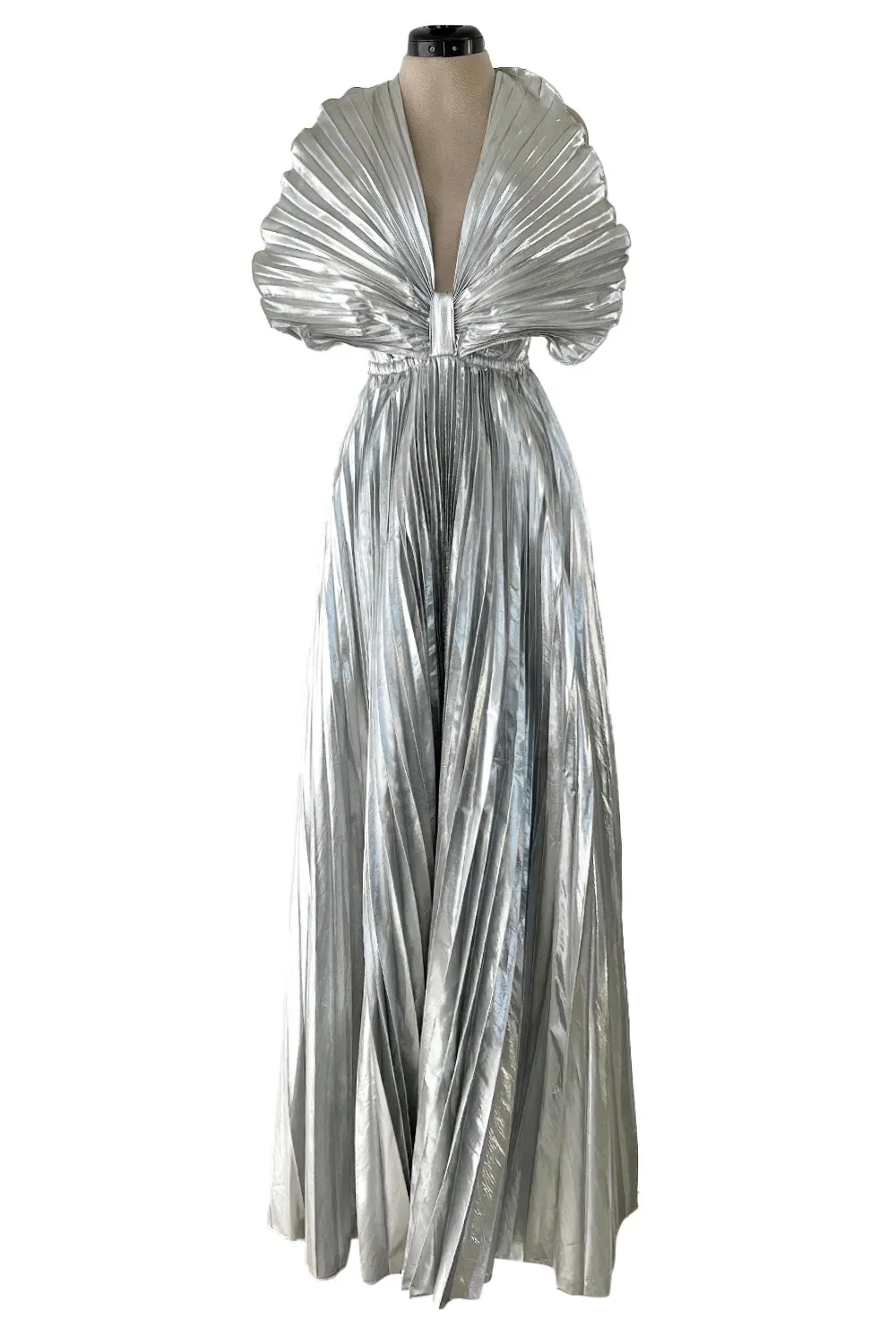 1970s Roland Klein Metallic Silver Lame Pleated Fan Dress w Open Bare Back