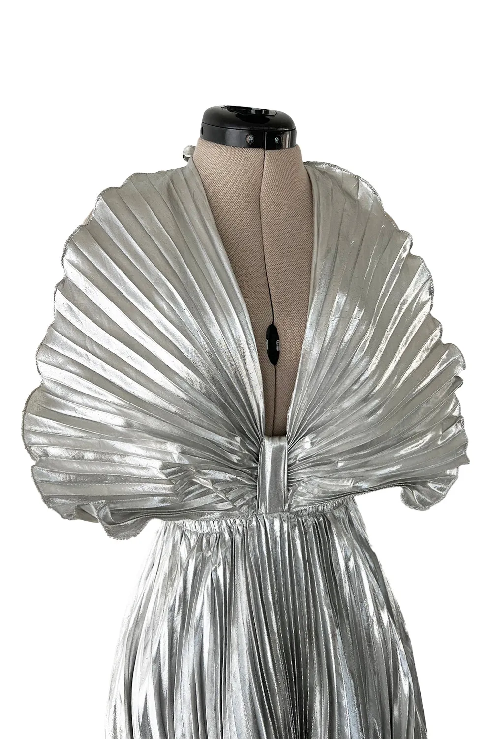 1970s Roland Klein Metallic Silver Lame Pleated Fan Dress w Open Bare Back