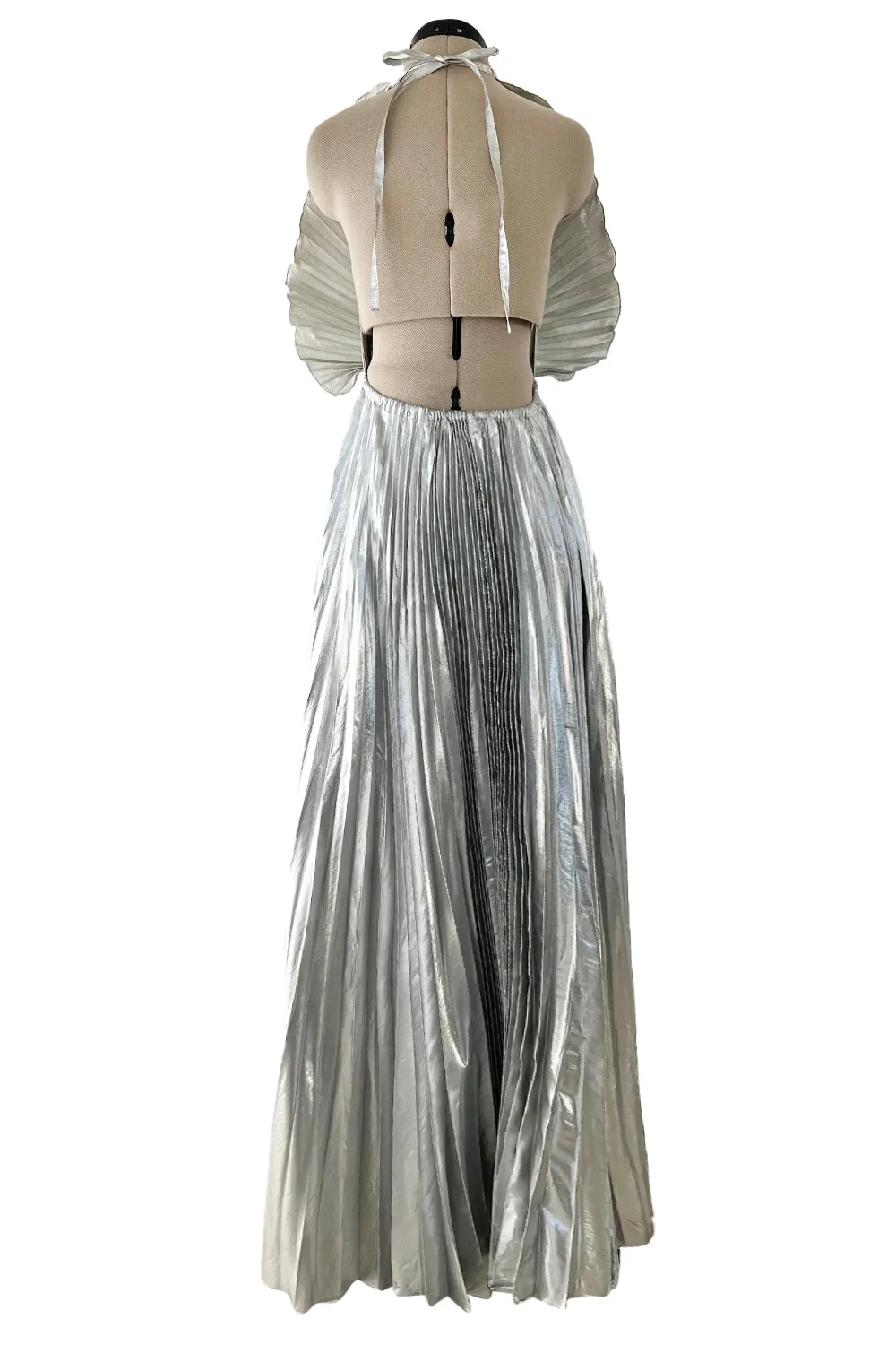 1970s Roland Klein Metallic Silver Lame Pleated Fan Dress w Open Bare Back