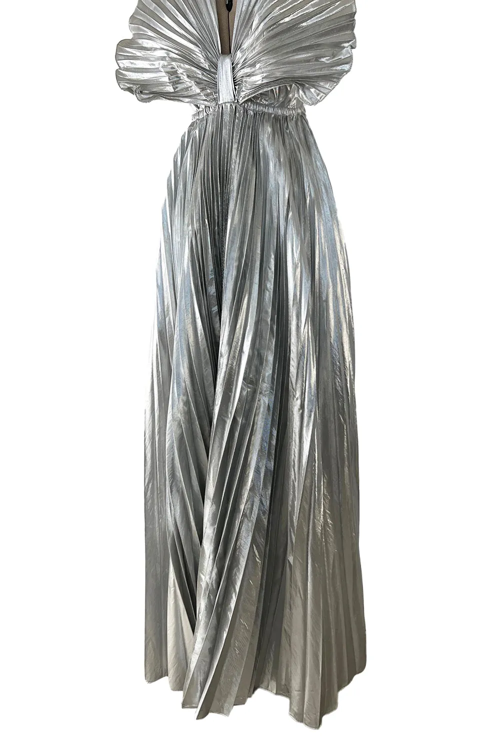 1970s Roland Klein Metallic Silver Lame Pleated Fan Dress w Open Bare Back