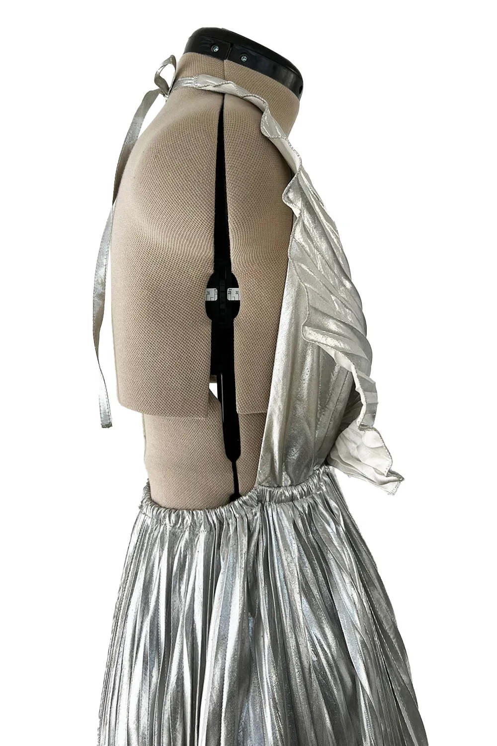 1970s Roland Klein Metallic Silver Lame Pleated Fan Dress w Open Bare Back