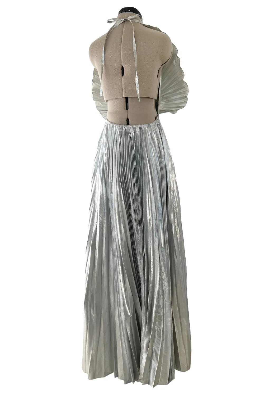 1970s Roland Klein Metallic Silver Lame Pleated Fan Dress w Open Bare Back