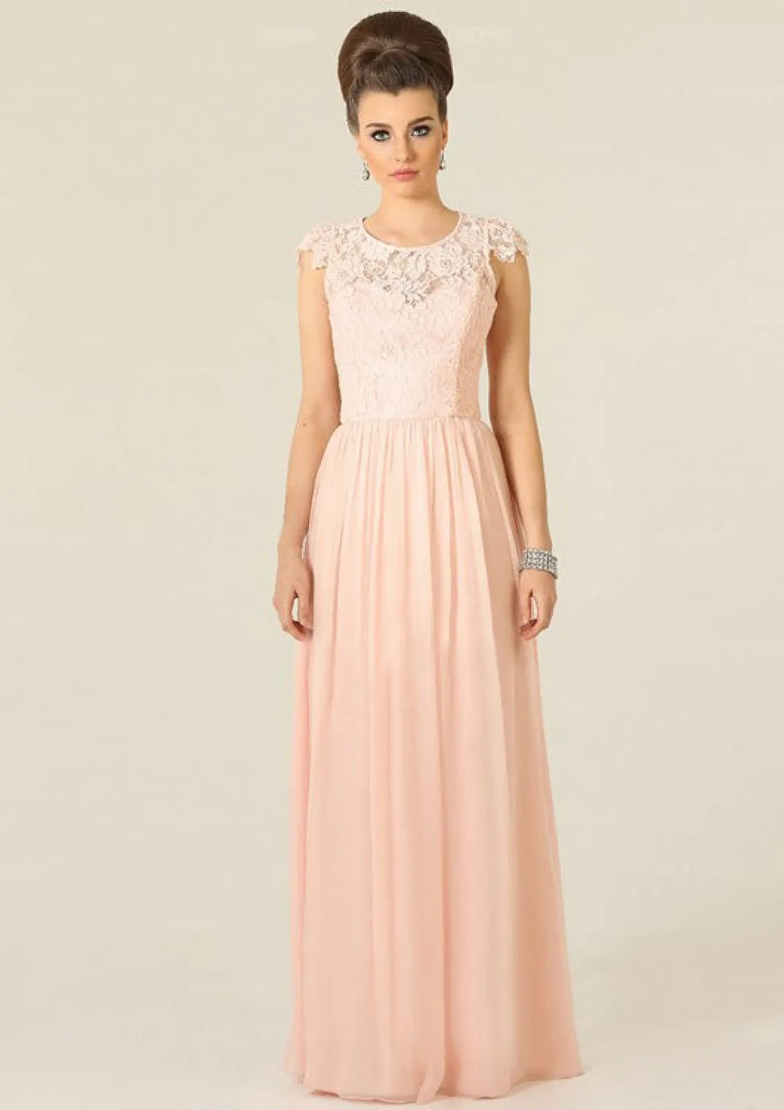A-line Lace Cap Sleeve Round Neck Floor-Length Chiffon Bridesmaid Dress