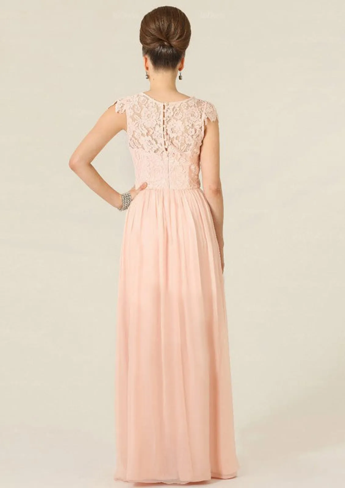A-line Lace Cap Sleeve Round Neck Floor-Length Chiffon Bridesmaid Dress