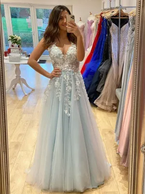 A Line V Neck Light Blue Lace Floral Long Prom, 3D Flowers Light Blue Lace Formal Evening