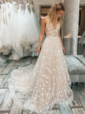 A Line V Neck Light Champagne Lace Floral Long Prom Dresses, Champagne Lace Formal Graduation Evening Dresses