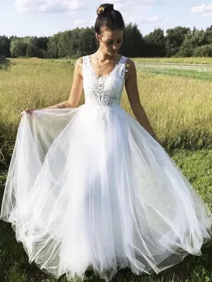 A Line V Neck Tulle Long Lace White Prom, V Neck White Lace Formal, Lace White Evening