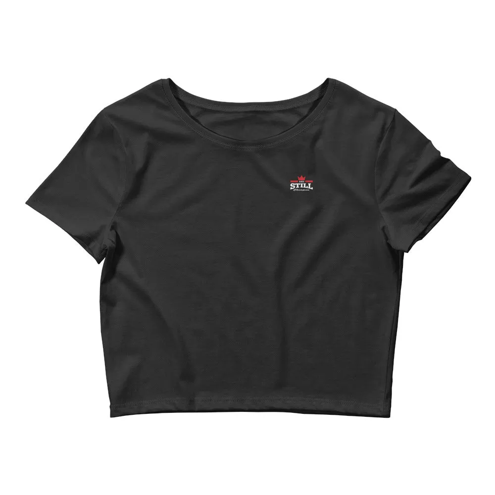 And Still Champion crest logo white lettering women's crop top