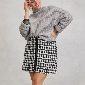Anthropologie Black &amp;  White Evira Houndstooth Shine Tweed Zipper Mini Skirt NWT