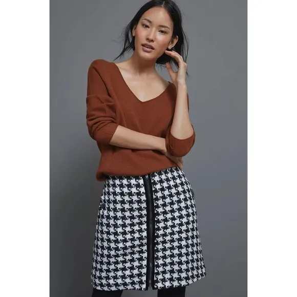 Anthropologie Black &amp;  White Evira Houndstooth Shine Tweed Zipper Mini Skirt NWT