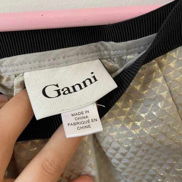 Anthropologie Ganni Metallic Gold And Silver Mini Skater Skirt Size Small