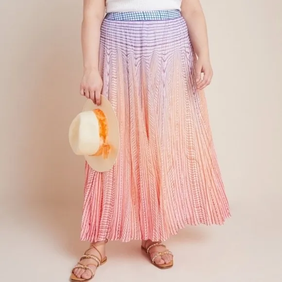 Anthropologie GEISHA DESIGNS Dawn Ombre Sunset Pleated Maxi Skirt Colorful 14
