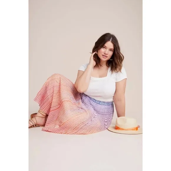 Anthropologie GEISHA DESIGNS Dawn Ombre Sunset Pleated Maxi Skirt Colorful 14