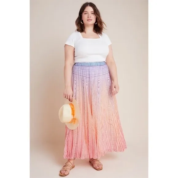 Anthropologie GEISHA DESIGNS Dawn Ombre Sunset Pleated Maxi Skirt Colorful 14