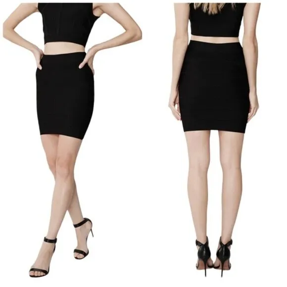 BCBGMaxAzria Simone Textured Black Bandage Mini Power Skirt