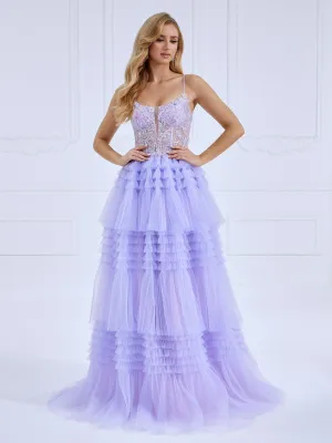 Beads Lace Prom Dresses A-Line Princess Pleated Skirt Floor-Length Photo Shoot Dress #89984L