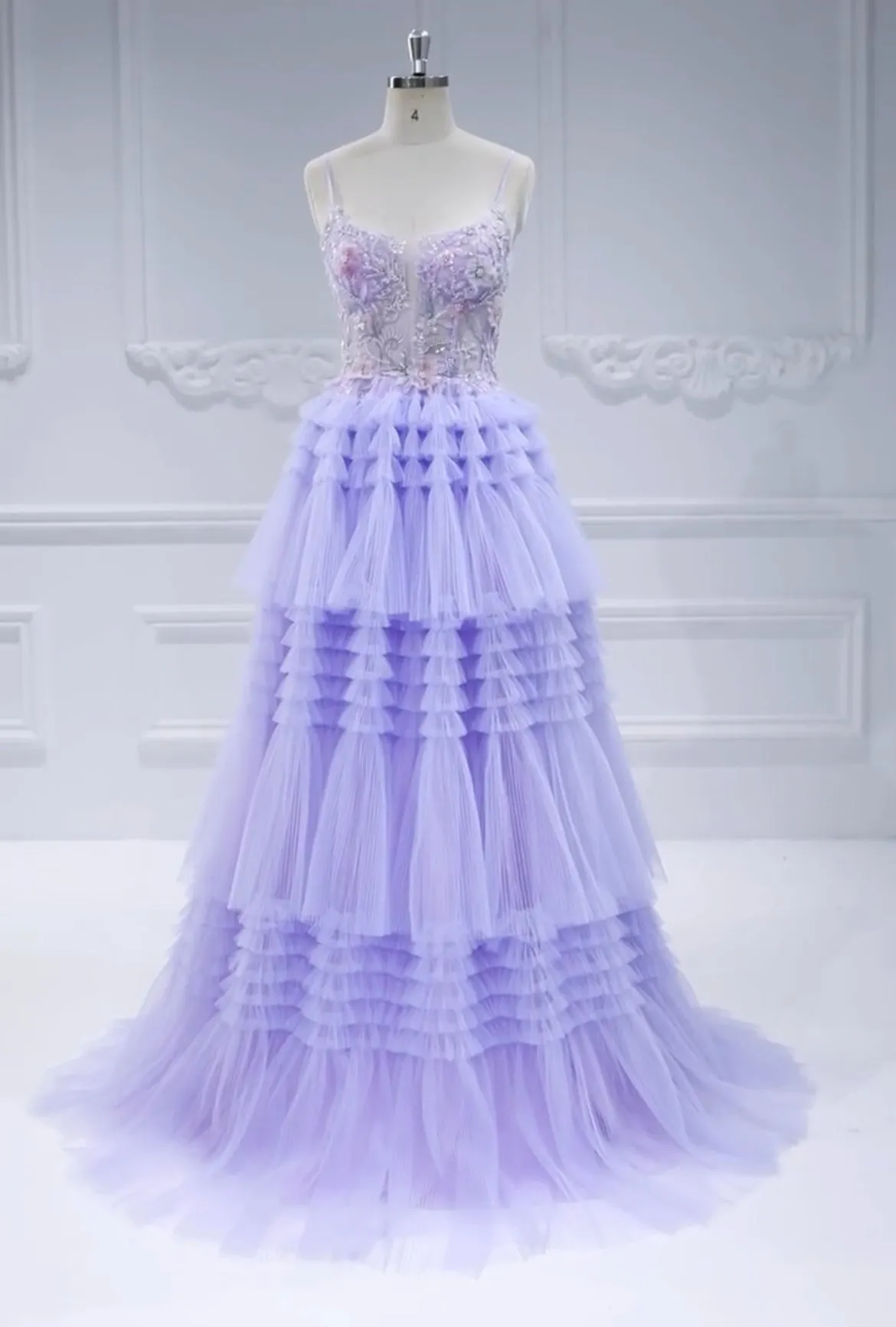 Beads Lace Prom Dresses A-Line Princess Pleated Skirt Floor-Length Photo Shoot Dress #89984L