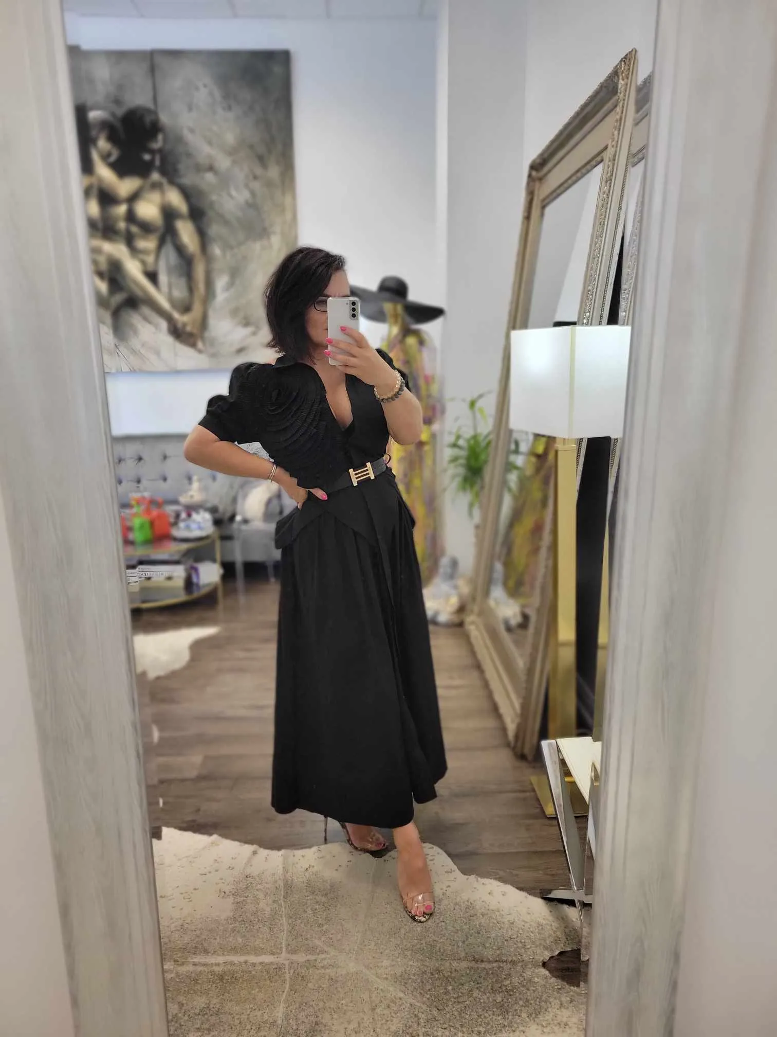 BLACK COTTON SHIRT DRESS WITH A FLOWER AND A BELT