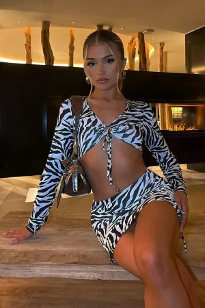 Black White Zebra Print Crop Top & Side Ruched Mini Skirt - Marley