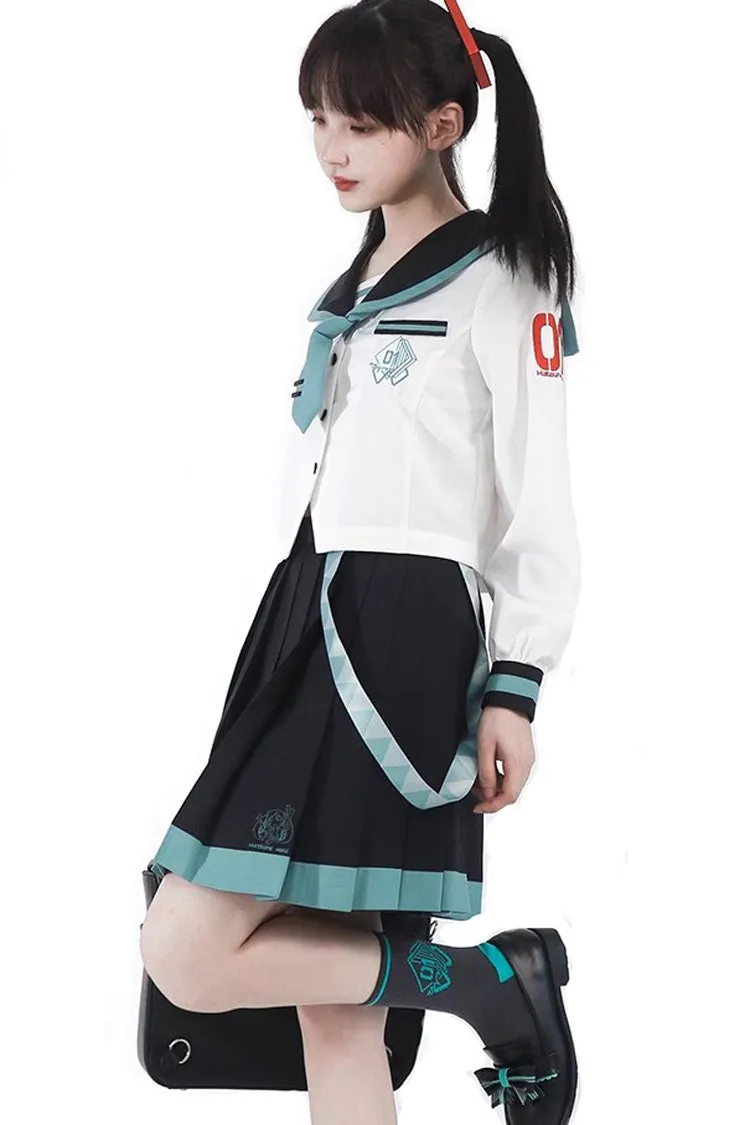 Black/White Long Sleeves College Style Sailor Japanese School Pleated Skirt