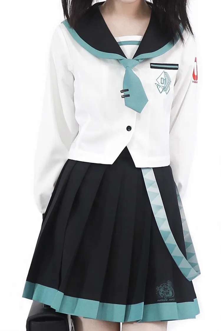 Black/White Long Sleeves College Style Sailor Japanese School Pleated Skirt