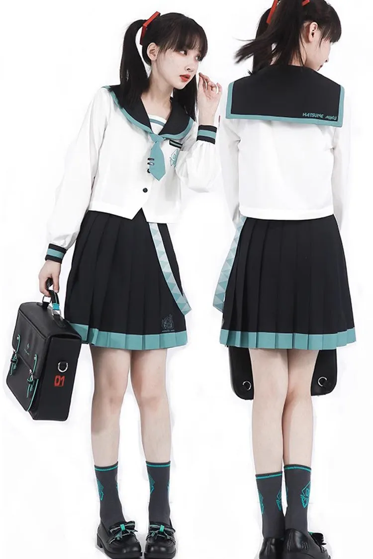 Black/White Long Sleeves College Style Sailor Japanese School Pleated Skirt