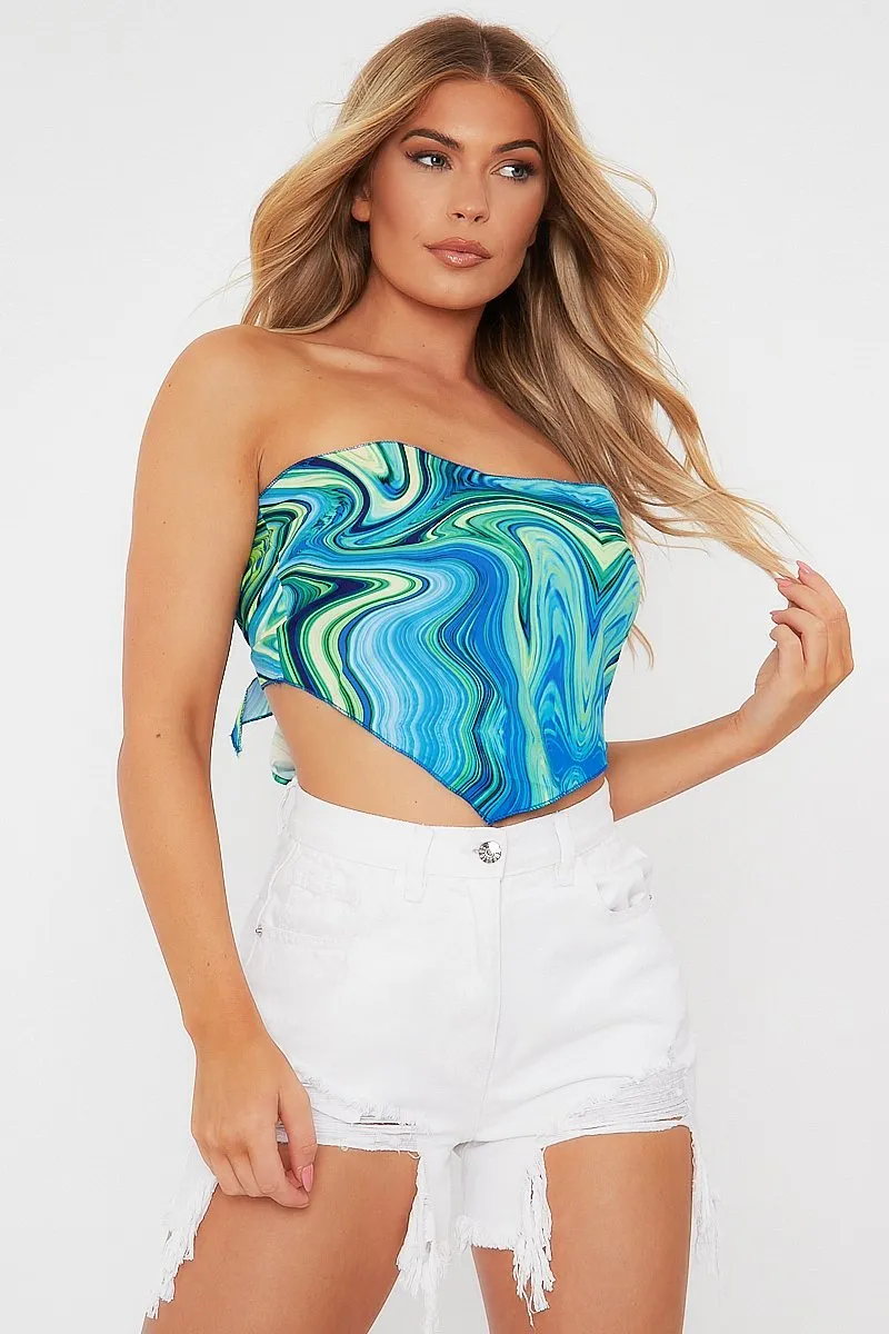 Blue Marble Print Tie Back Bandana Crop Top - Toka