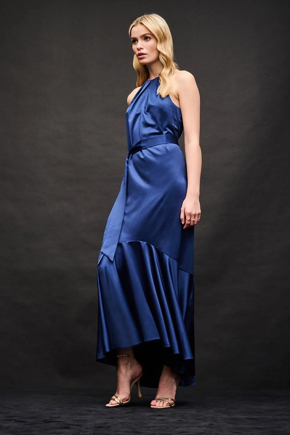 Blue Neck Belted Dress