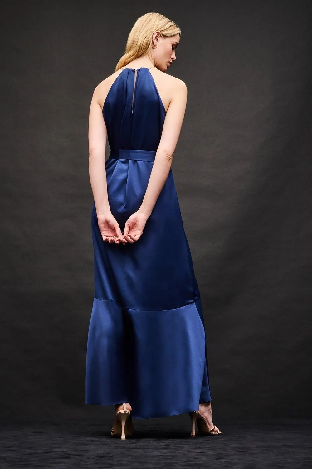 Blue Neck Belted Dress