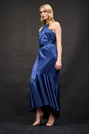 Blue Neck Belted Dress