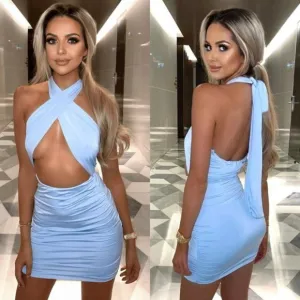 Blue Sleeveless Halter Neck Cutout Open Back Backless Bodycon Mini Dress