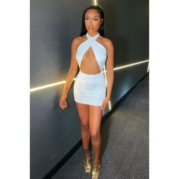 Blue Sleeveless Halter Neck Cutout Open Back Backless Bodycon Mini Dress