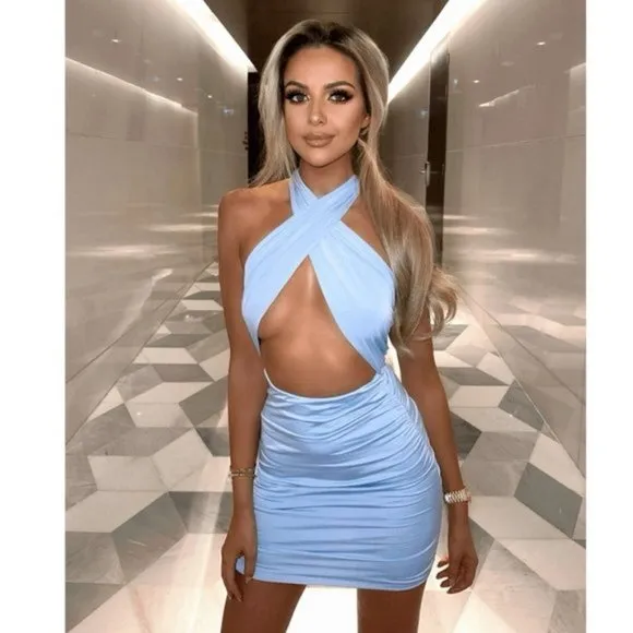 Blue Sleeveless Halter Neck Cutout Open Back Backless Bodycon Mini Dress