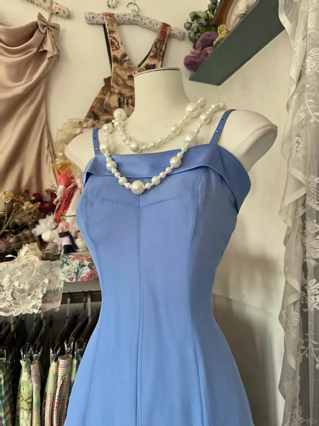 Blue Spaghetti Straps Ankle Length Prom Dress Sleeveless Evening Party Dress   fg7382