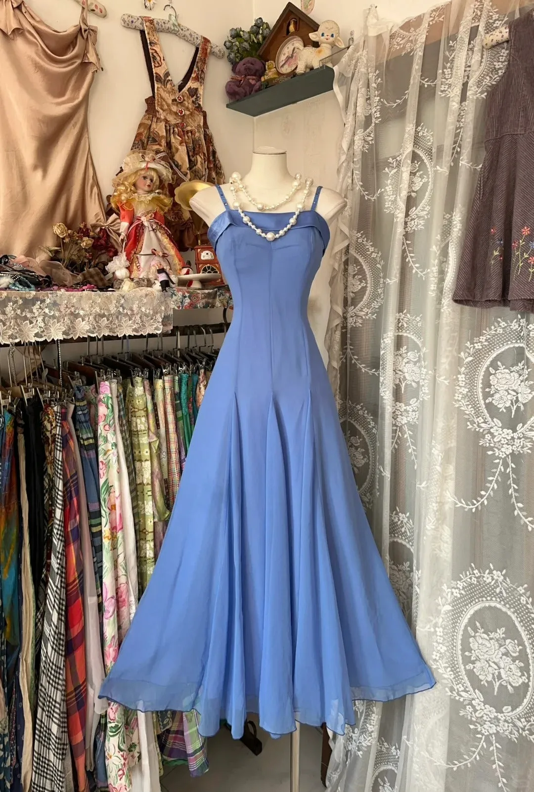 Blue Spaghetti Straps Ankle Length Prom Dress Sleeveless Evening Party Dress   fg7382