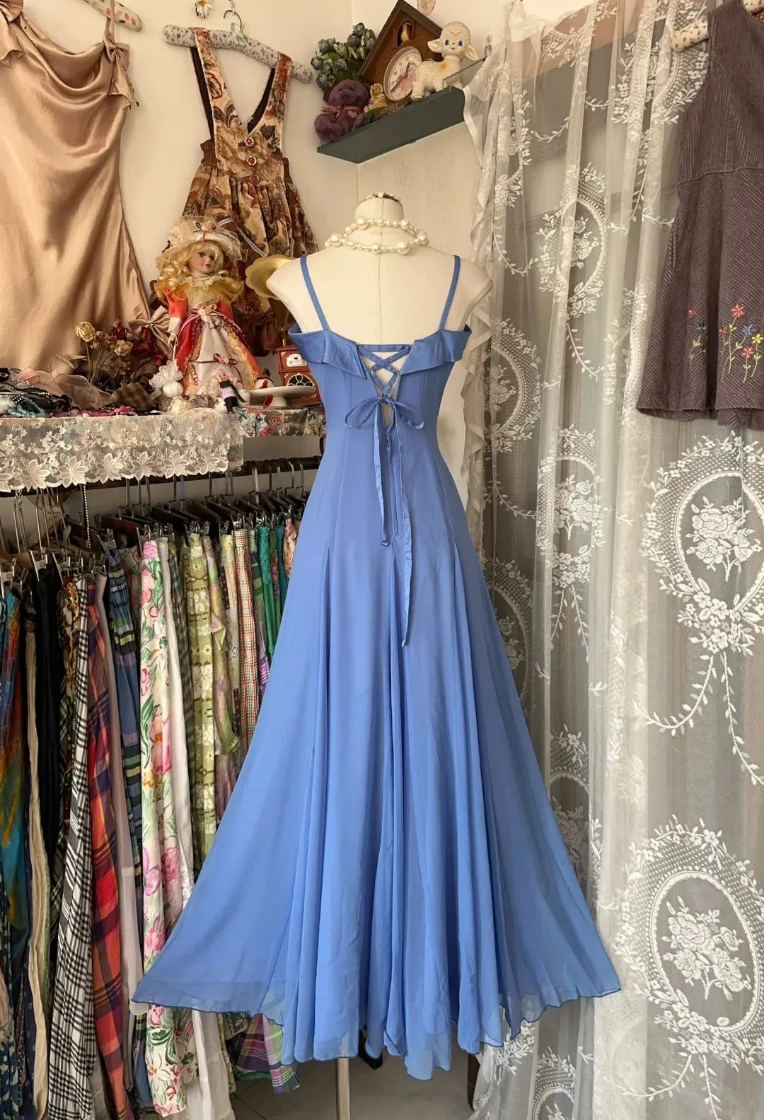 Blue Spaghetti Straps Ankle Length Prom Dress Sleeveless Evening Party Dress   fg7382