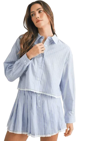 Blue stripe pleated skirt set