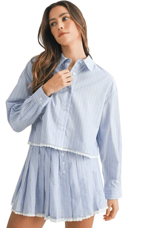 Blue stripe pleated skirt set